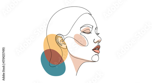 Abstract minimalist illustration of a woman's profile with soft pastel color accents and continuous line art style