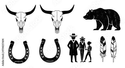Wild west western frontier cowboy american indian culture symbols and icons collection