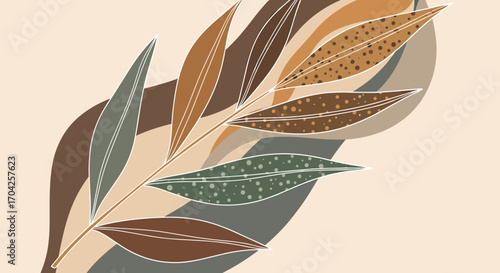 Abstract botanical art featuring ethereal leaves in earth tones with gentle wavy background elements