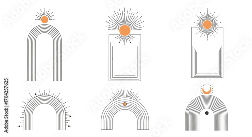 Bohemian abstract arches and celestial sun and moon designs for elegant decorative borders