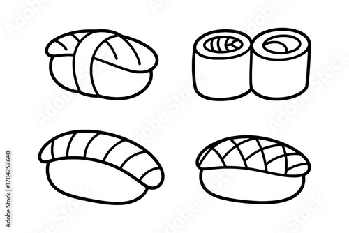 Four Black and White Line Art Sushi Icons: Nigiri, Maki, and Variations