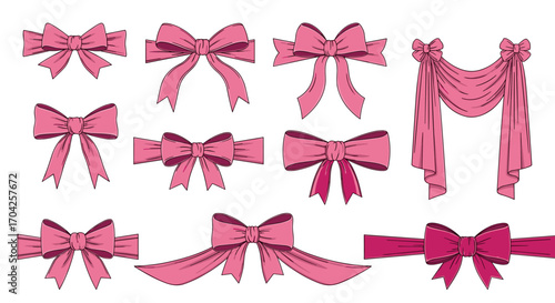 Elegant pink bows and draping fabric elements for festive decorations and craft projects