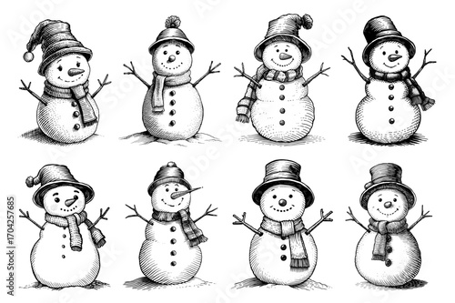 Set of charming snowmen with hats and scarves in a vintage black and white style