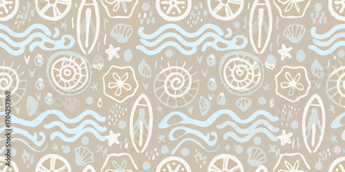 Seamless hand drawn beach pattern with surfboards seashells waves and stars in neutral colors