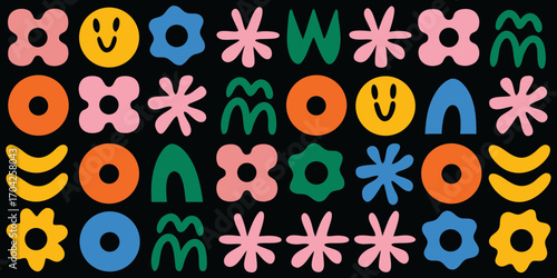 Retro abstract shapes and smiley faces in vibrant colors on black background
