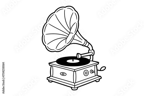 Line Art Illustration of a Vintage Gramophone