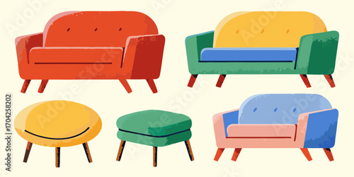 Collection of colorful mid century modern furniture pieces including armchairs and ottomans in a flat design style