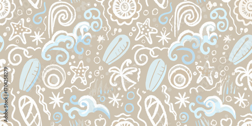Seamless hand drawn beach and ocean pattern with surfboards seashells stars and waves