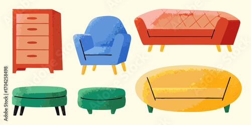 Collection of colorful cartoon furniture including a dresser armchair sofa and ottomans