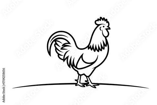 Single Rooster Illustration: Black Line Art on White Background