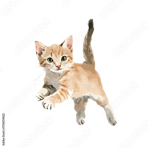 Playful Ginger Kitten in MidAir Watercolor Style