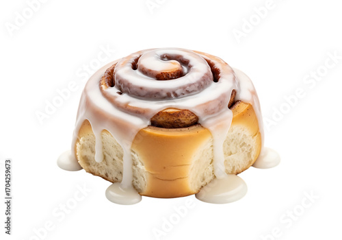 A sweet cinnamon roll topped with creamy white icing, isolated on transparent background