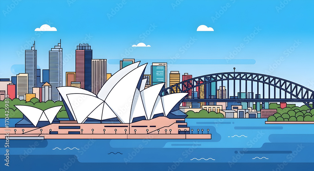 Naklejka premium Vector illustration of Sydney skyline with Opera House and Harbour Bridge on sunny day, flat colorful travel concept