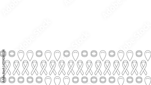 A repeating pattern of ribbons rings and teardrop shapes in a horizontal arrangement on a white background