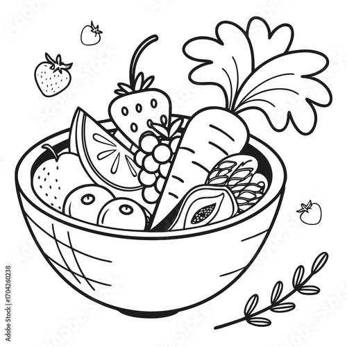 Whimsical black and white illustration of a healthy fruit and vegetable bowl with scattered berries