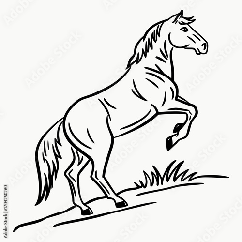 Dynamic black and white line art illustration of a powerful horse rearing up on a grassy hill