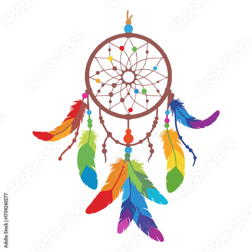 Vibrant Rainbow Dreamcatcher with Colorful Feathers and Beads.