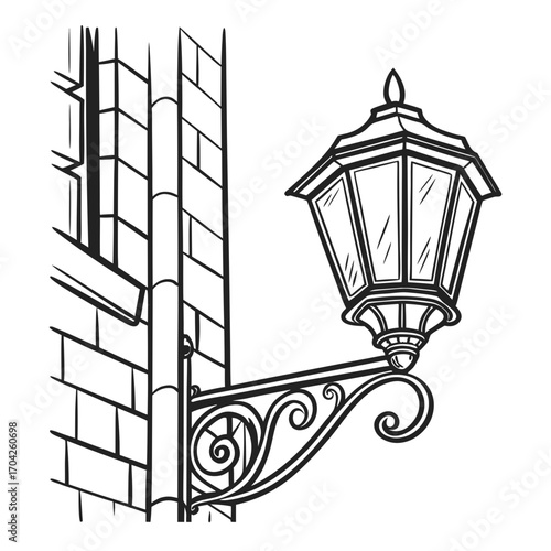 Vintage black and white illustration of an ornate street lamp attached to a brick building wall