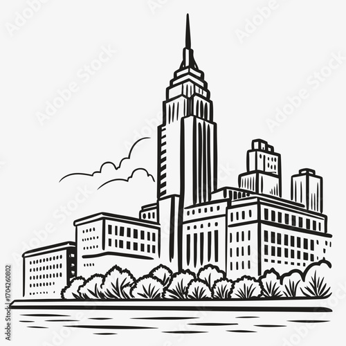 Stylized black and white illustration of a city skyline with a prominent skyscraper and trees