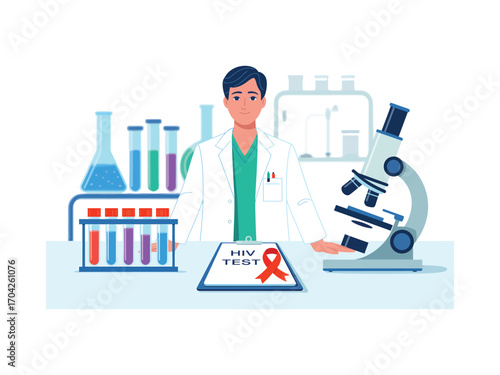 Scientist with H I V test results and lab equipment