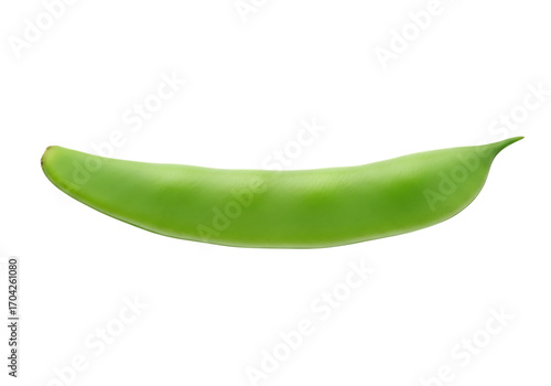 A single, bright green snow pea pod with a gentle curve, isolated on a transparent background