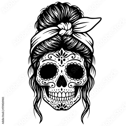Sugar Skull Woman with Messy Bun and Headband, Sugar Skull SVG, Day of the Dead SVG, Halloween SVG, Latina SVG