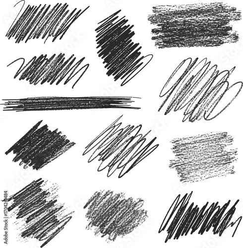 Hand drawn pencil scribbles textures and vector brushes for design elements and backgrounds isolated set