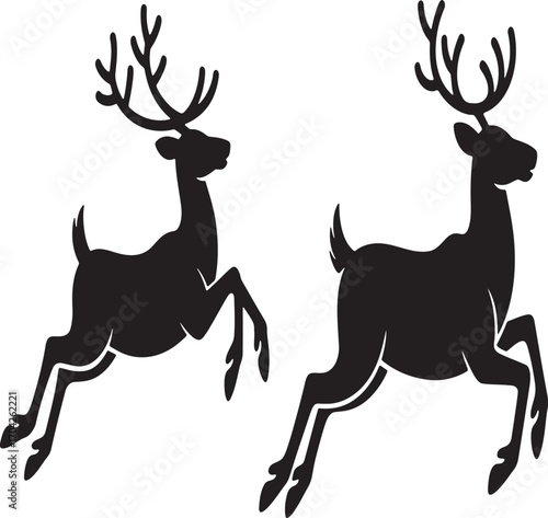 Two Elegant Silhouette Reindeer Leaping Gracefully Across a White Background Conveying a Sense of Holiday Magic and Festive Spirit