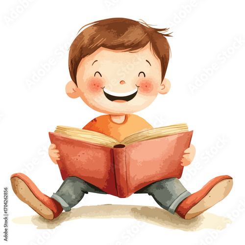 Smiling Boy with Rosy Cheeks Engrossed in Reading a Large Book