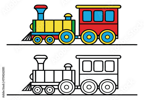 Colorful and Outlined Cartoon Train Engines Illustration of a Toy Train Locomotive and Passenger Car on Tracks