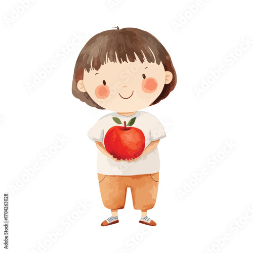 Smiling girl with bob haircut holding a bright red apple illustration