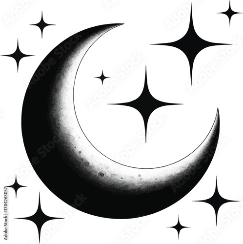Minimalist black and white moon and stars silhouette, night sky, celestial, space, astronomy, vector art, cosmic, nighttime image.