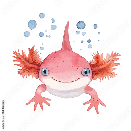 Smiling Watercolor Axolotl with Bubbles Featuring Unique Gill Details and Blue Eyes