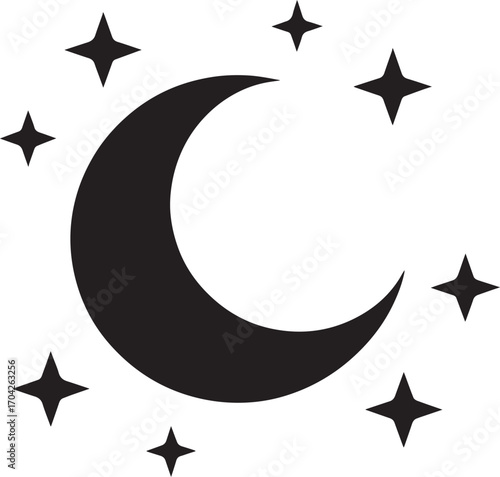 Minimalist black and white moon and stars silhouette, night sky, celestial, space, astronomy, vector art, cosmic, nighttime image.