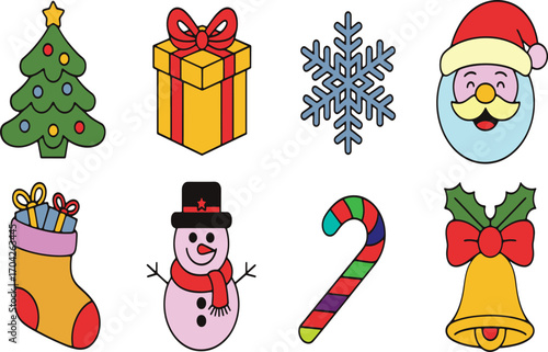 Festive Christmas Icons Delightfully Displayed Christmas Tree Gift Box Snowflake Santa Claus Stocking Snowman Candy Cane Bell