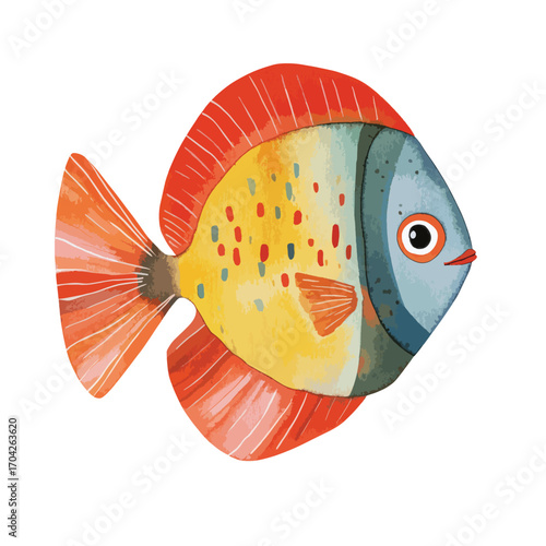Stylized Fish with Watercolor Texture Red Fins Yellow Body and Blue Head