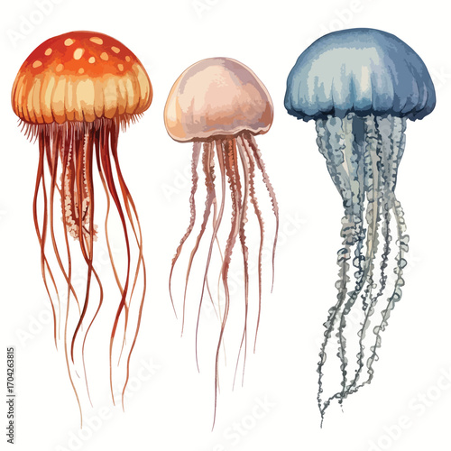 Three Vibrant Jellyfish Species in Artistic Watercolor Style