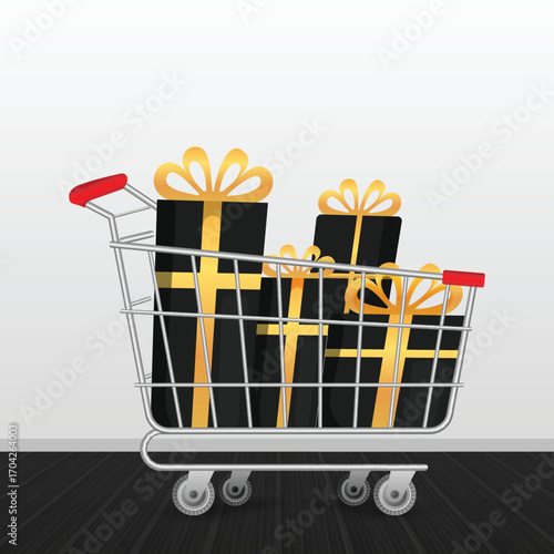 Shopping cart with black and gold gift boxes. Black Friday sale concept vector illustration.