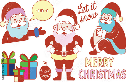 Cheerful Holiday Season Festive Illustration with Santa Claus Figures and Colorful Presents Spreading Merry Christmas Wishes