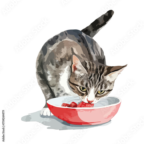 Tabby Cat Eating Red Food from a Pink Bowl with Tail Upright