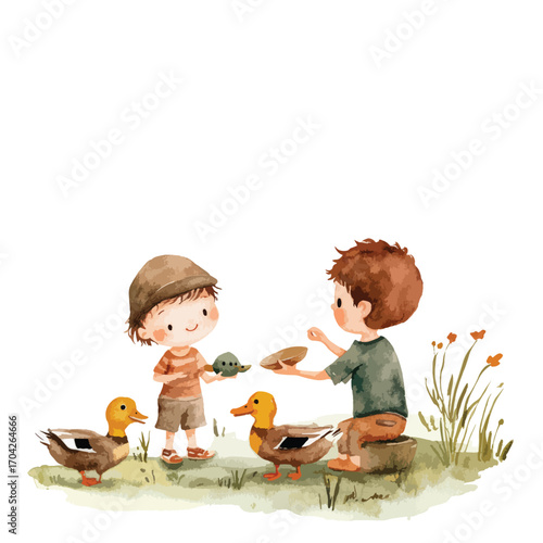 Two Young Boys Tenderly Caring for Ducks and a Turtle