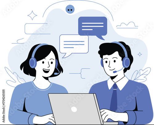 Two people wearing headsets work together on a laptop in a modern office setting