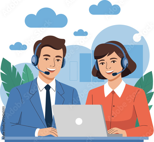 Friendly customer service team with headsets and laptop ready to assist you