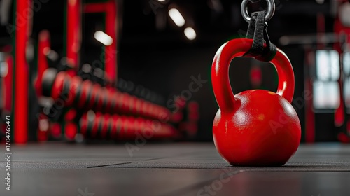 Red kettlebell in gym fitness background