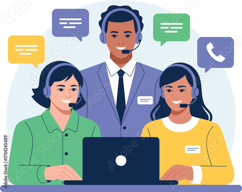 Customer support team providing excellent service with headsets and laptops business concept