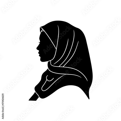 Silhouette of a Woman Wearing a Hijab, Islamic Female Head Covering, Graphic Design Element