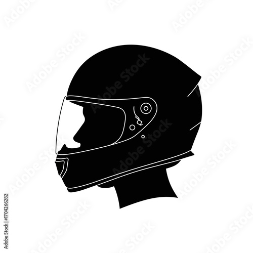 Full face motorcycle helmet graphic, black silhouette, providing head protection for riders