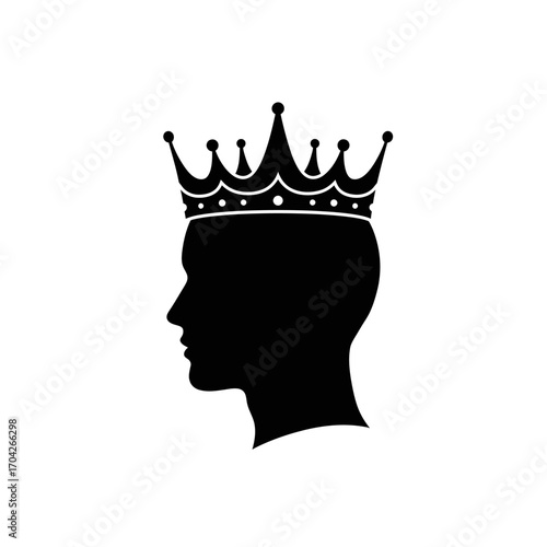 Silhouette of a head wearing a crown, representing royalty, leadership, and power, for visual applications