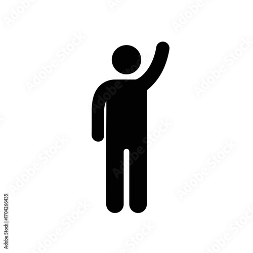 Silhouette of a person raising their hand, isolated on a white background, representing a signal or greeting