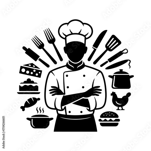 Professional chef illustration with cooking utensils, food icons, and kitchen tools